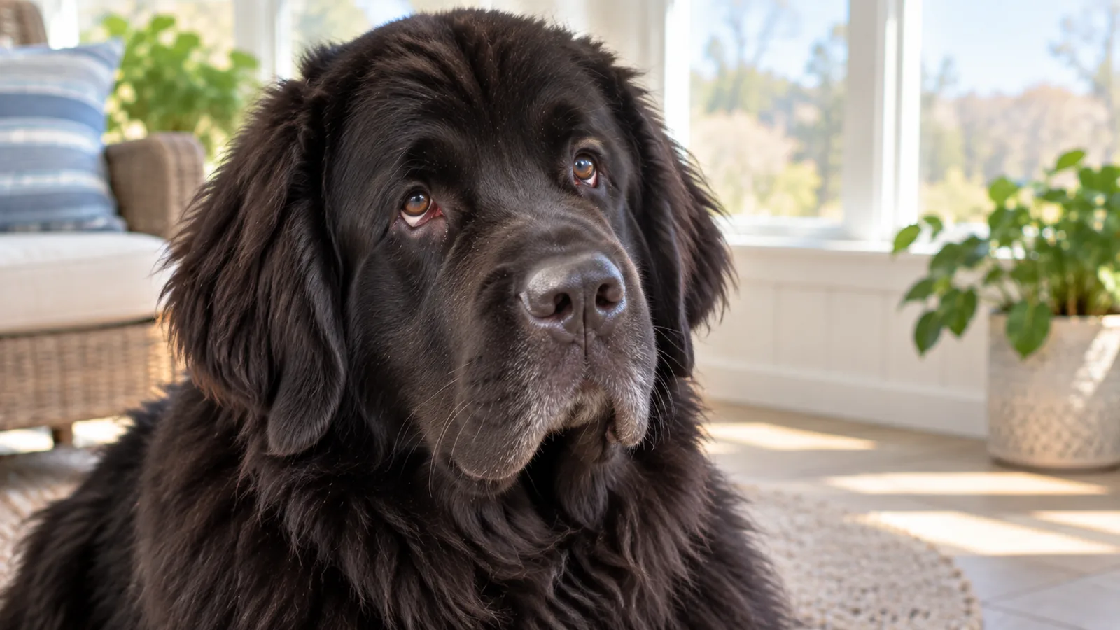 A large black long-coated dog with droopy lower eyelids rests indoors beside a sunny window.